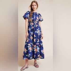 Anthropologie Somerset Maxi Dress Blue Orange Floral V Neck Smocked Waist Size S
